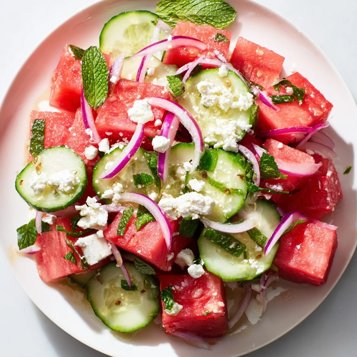 Watermelon feta salad with juicy melon cubes, creamy cheese, and fresh mint leaves