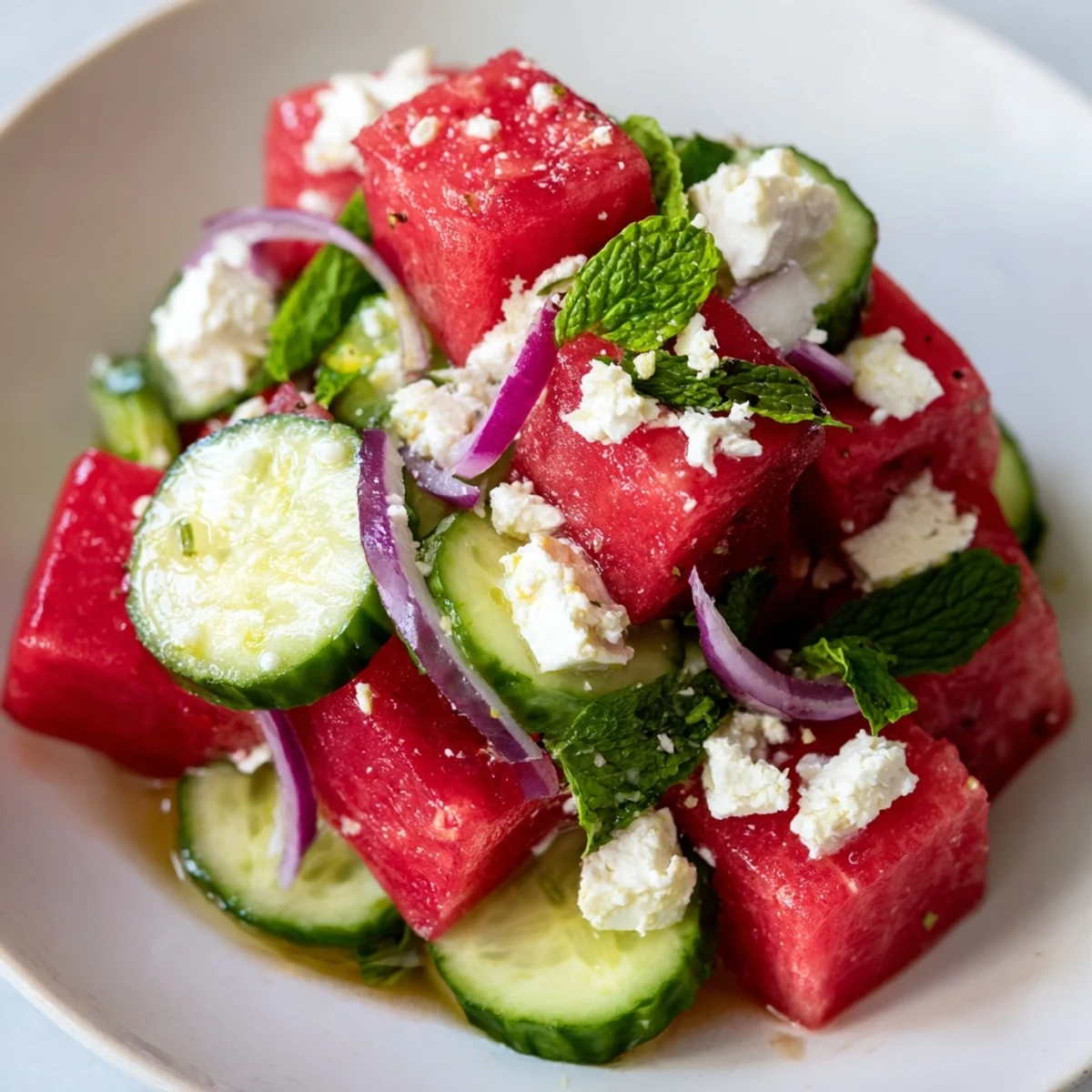 Refreshing watermelon feta salad tossed with cucumber, red onion, and zesty lime dressing