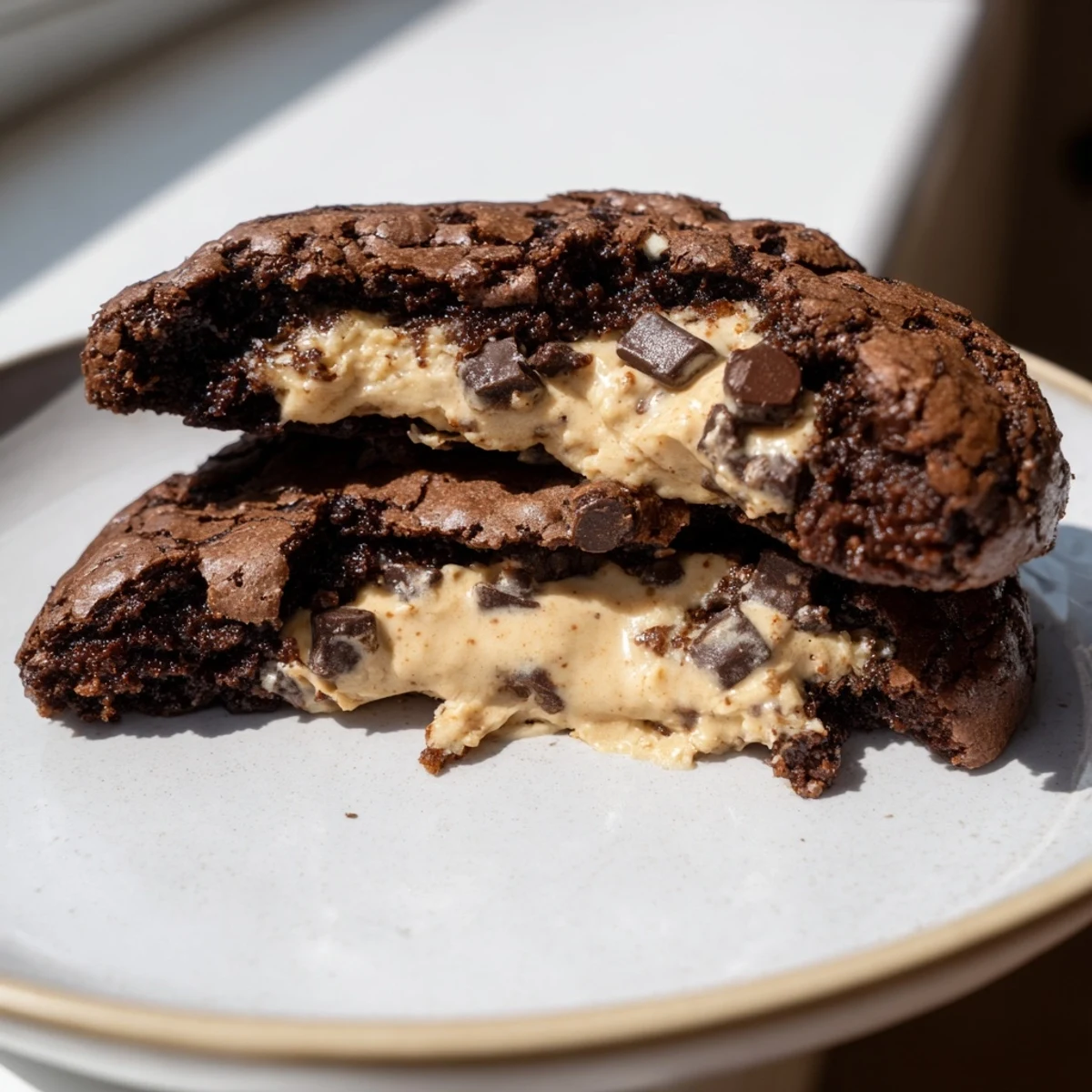 Fudgy brownie cookies stuffed with cookie dough displayed on a rustic wooden board