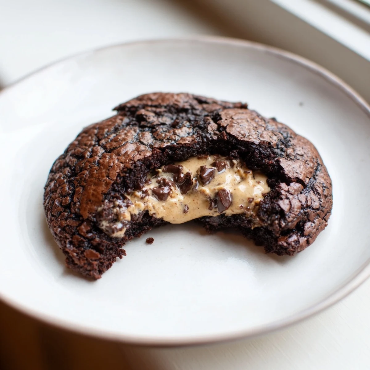 Gooey fudgy brownie cookies stuffed with cookie dough cut to reveal the creamy center