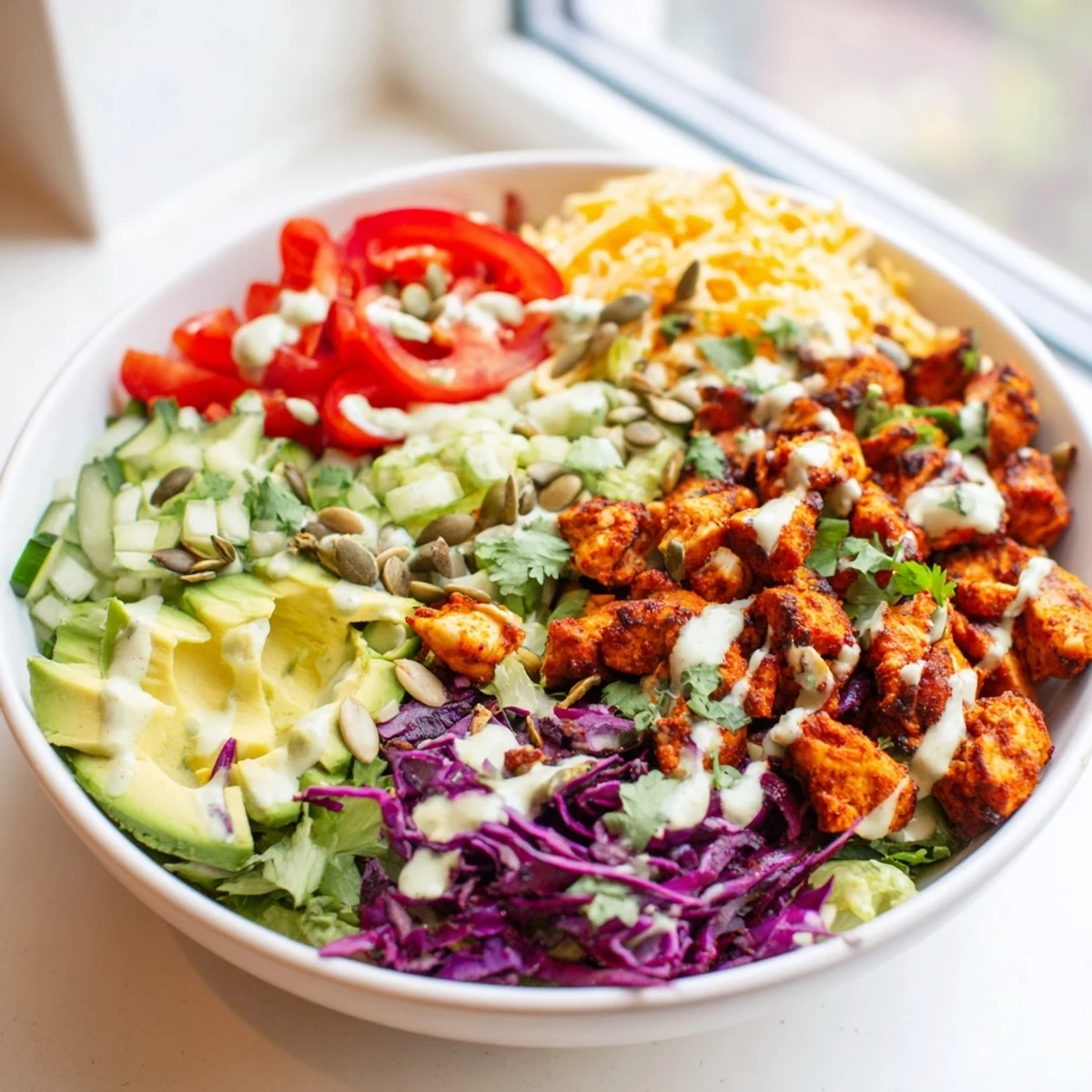 Colorful keto bowls with seasoned chicken and fresh vegetables drizzled with creamy avocado dressing