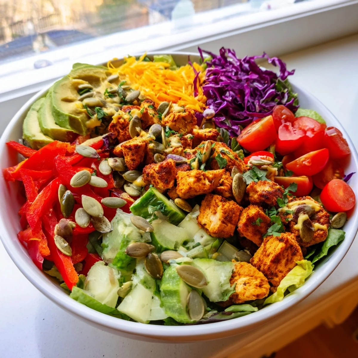 Crisp lettuce base topped with grilled chicken, avocado slices, and tangy lime avocado dressing