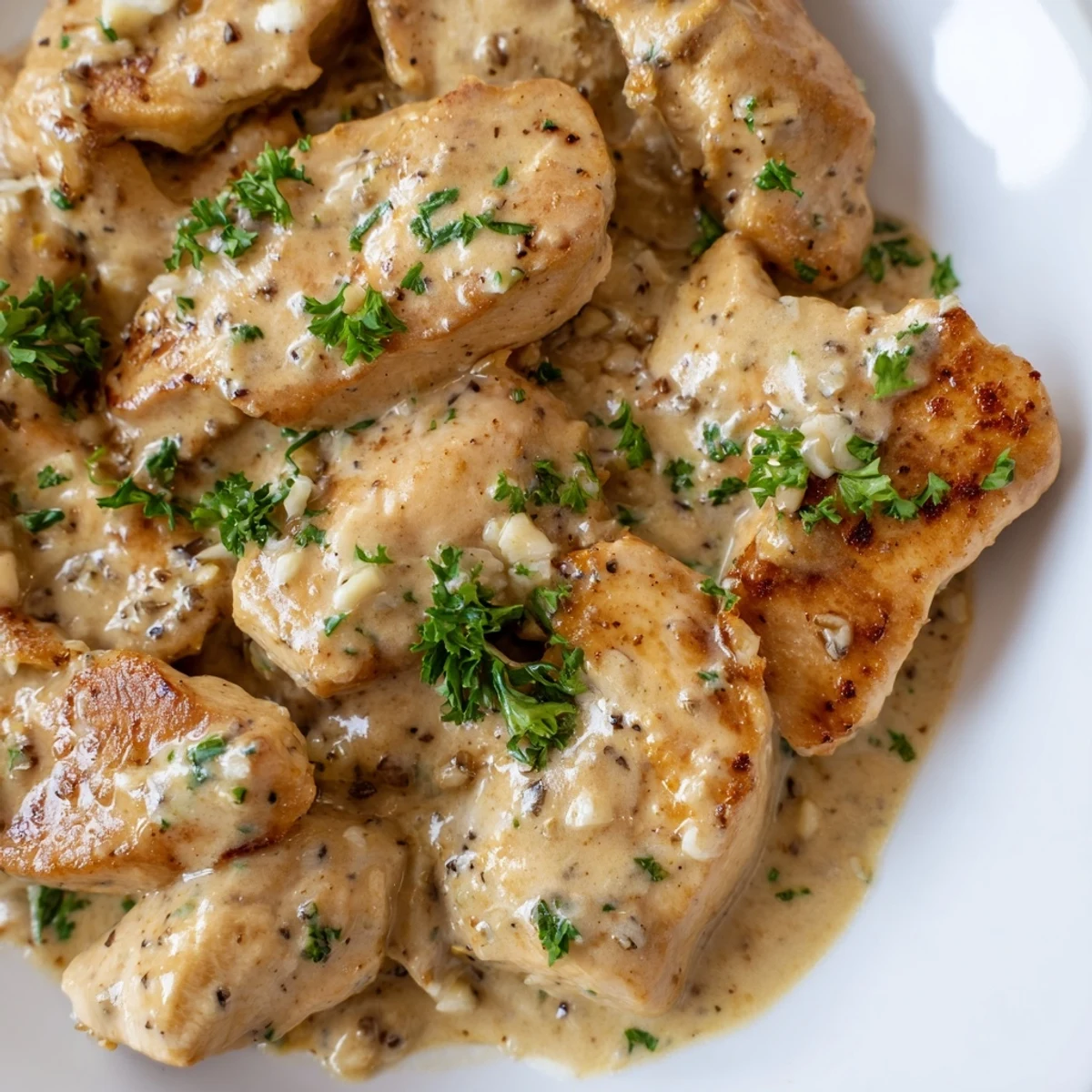 Golden seared creamy garlic chicken breasts smothered in rich parmesan sauce with fresh parsley garnish