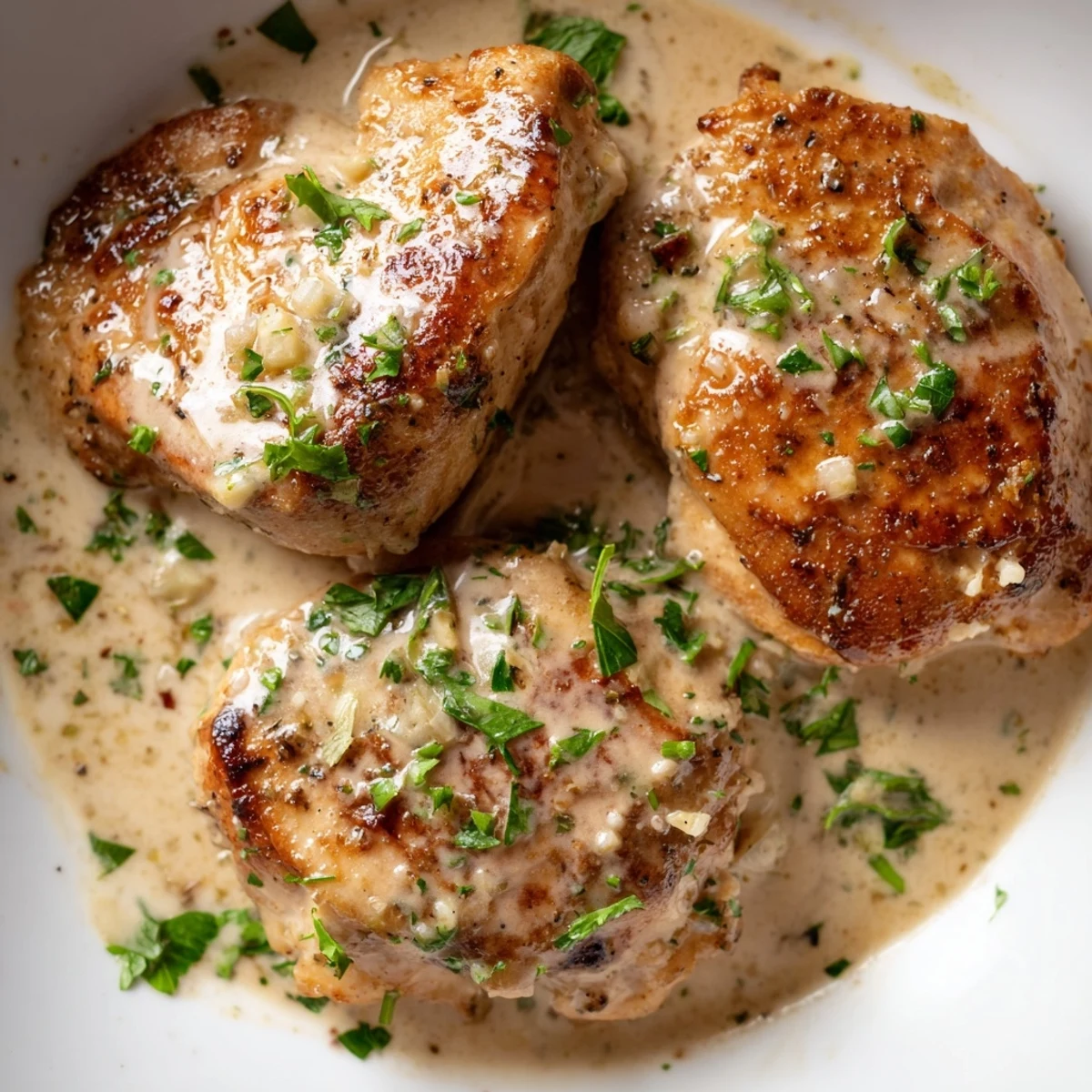 Tender creamy garlic chicken in velvety white sauce served on a rustic white dinner plate