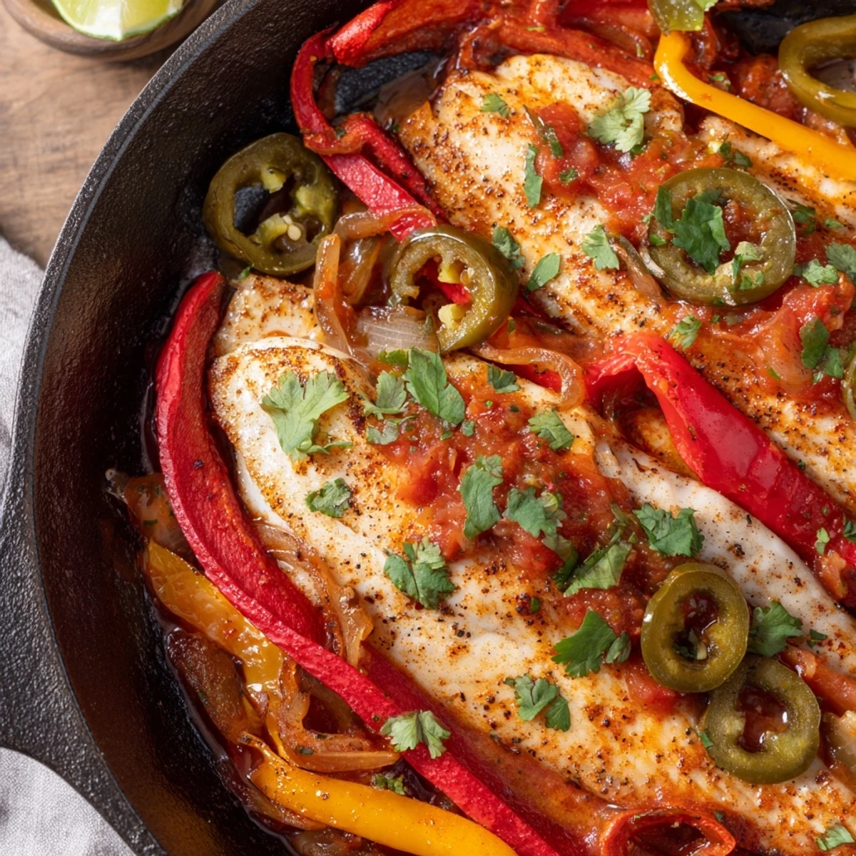 Golden tilapia fillets nestled in spicy roasted pepper skillet with vibrant red and yellow peppers