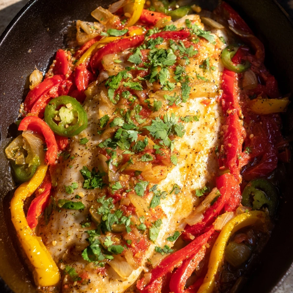 Spicy roasted pepper tilapia skillet topped with fresh cilantro and zesty lime drizzle
