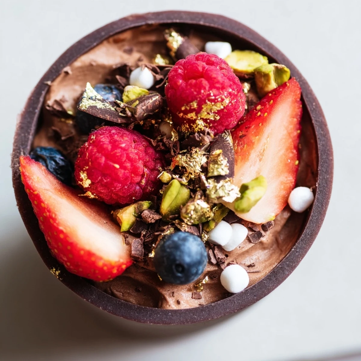 Chocolate grazing cups filled with fluffy mousse and topped with fresh berries and nuts