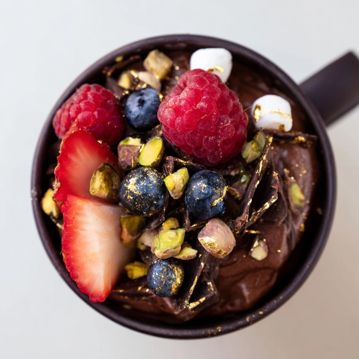 Elegant chocolate grazing cups with glossy mousse, vibrant berries, and crunchy nut garnishes