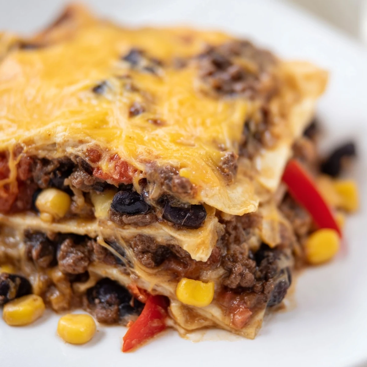 Golden bubbly Mexican lasagna with layers of seasoned beef, beans, and melted cheese.