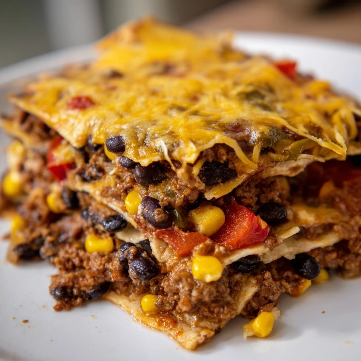 Mexican lasagna fresh from oven with gooey cheese and colorful pepper filling.