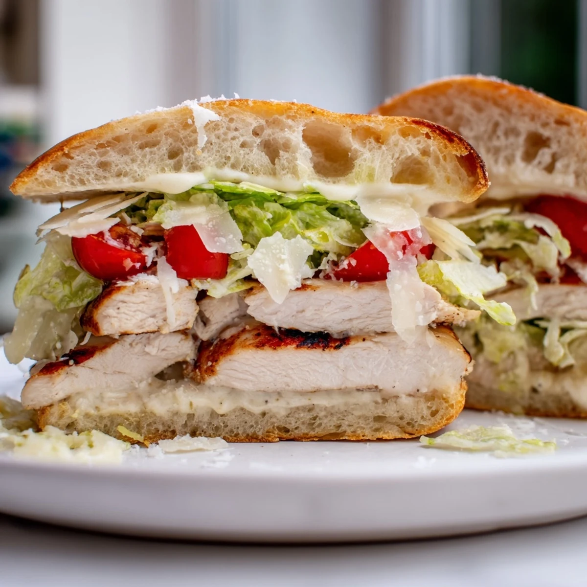 Juicy grilled chicken Caesar sandwich with crisp romaine and creamy dressing on golden toasted ciabatta