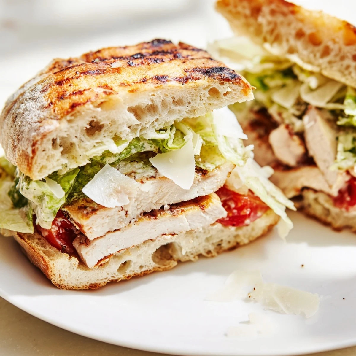 Crispy romaine and shaved Parmesan top this hearty chicken Caesar sandwich on crusty bread