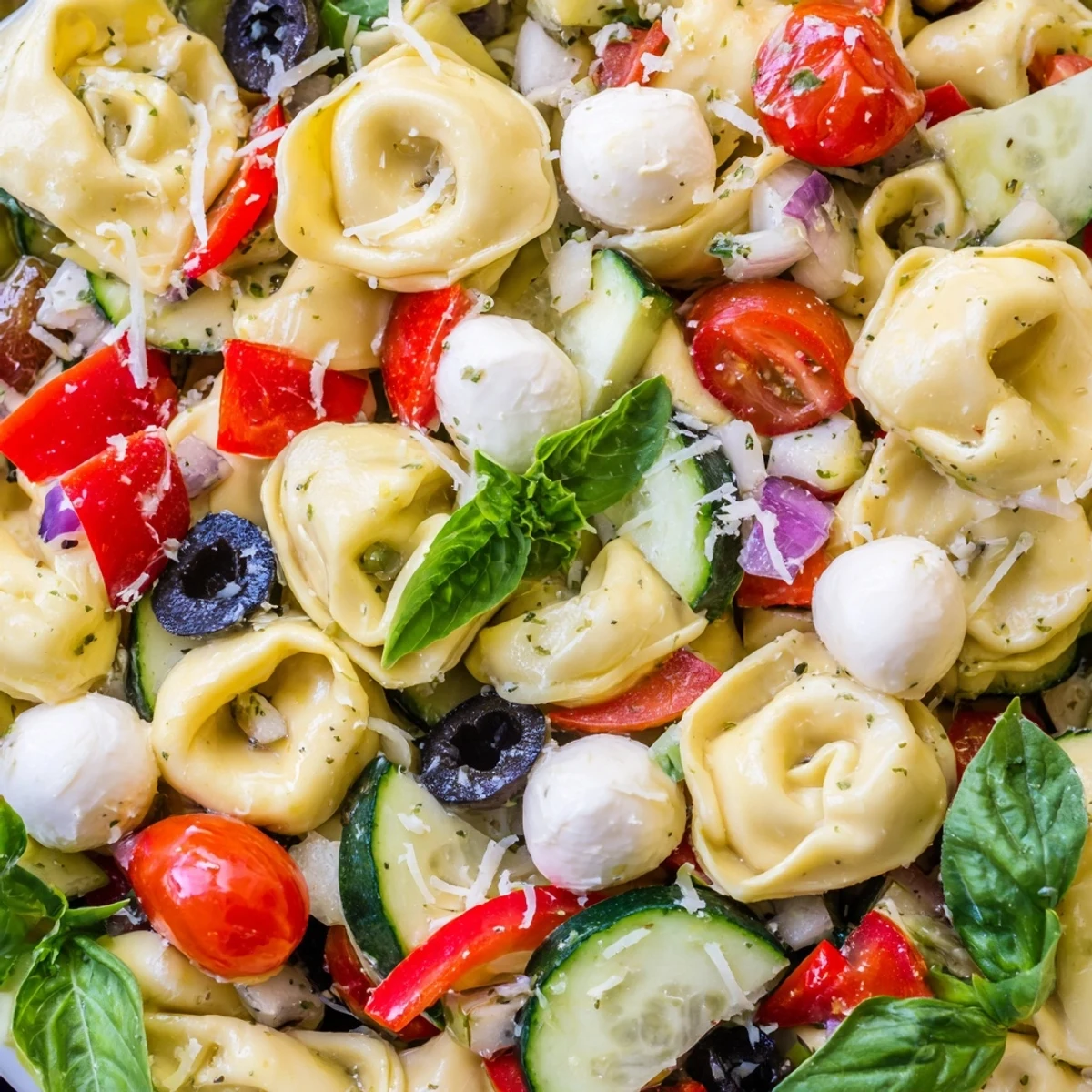 Colorful tortellini salad tossed with crisp vegetables and mozzarella in zesty Italian dressing