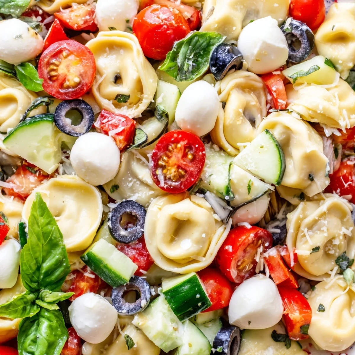 Cheese tortellini salad with juicy tomatoes, crunchy cucumber, and fresh basil leaves
