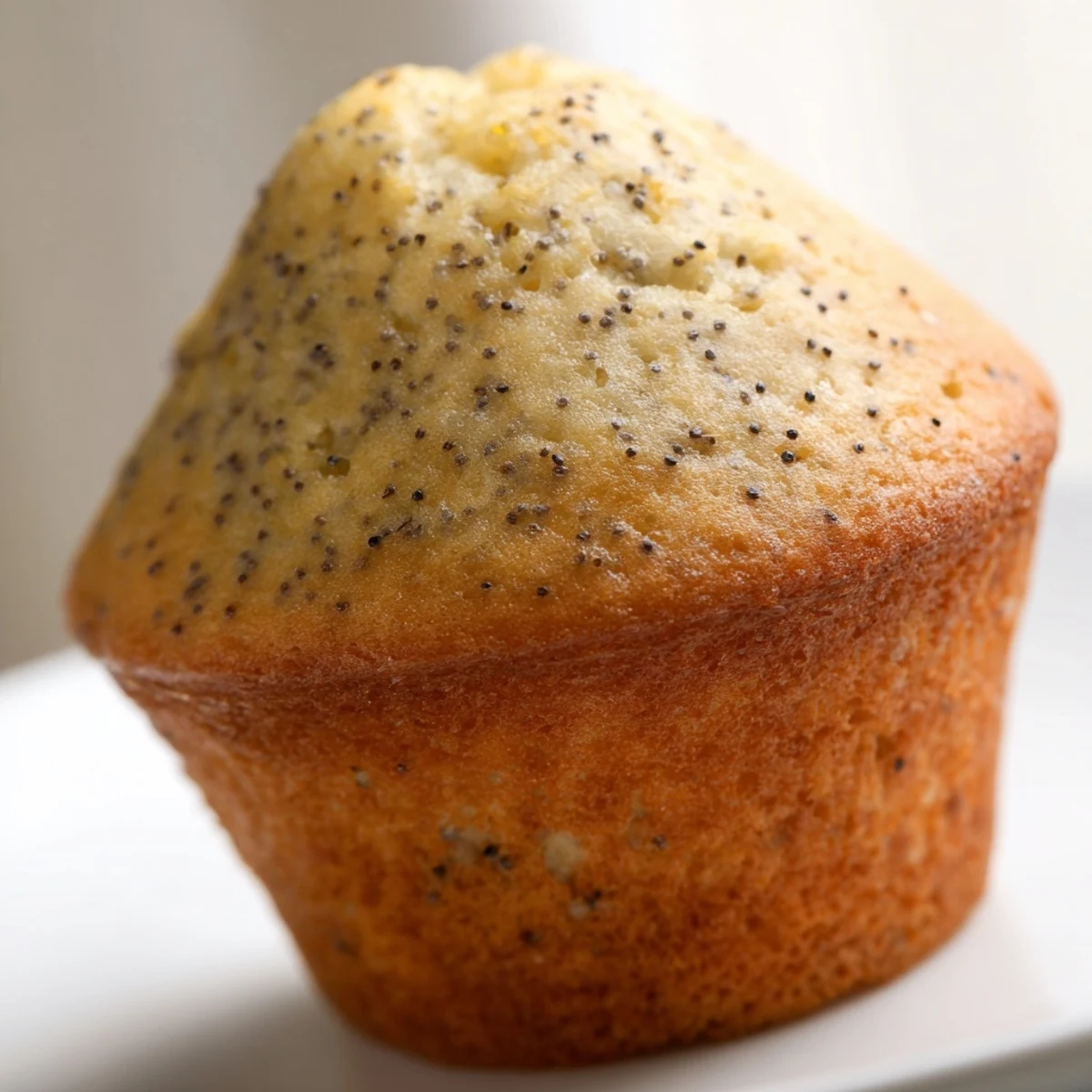 Golden lemon poppy seed muffins with domed tops fresh from the oven on a wire cooling rack