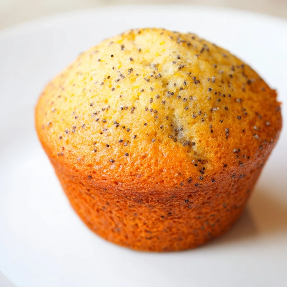 Moist lemon poppy seed muffins speckled with zest served warm on a rustic ceramic plate