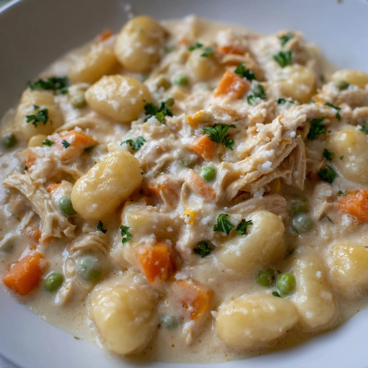 Creamy one pot gnocchi chicken pot pie in a golden skillet with tender vegetables