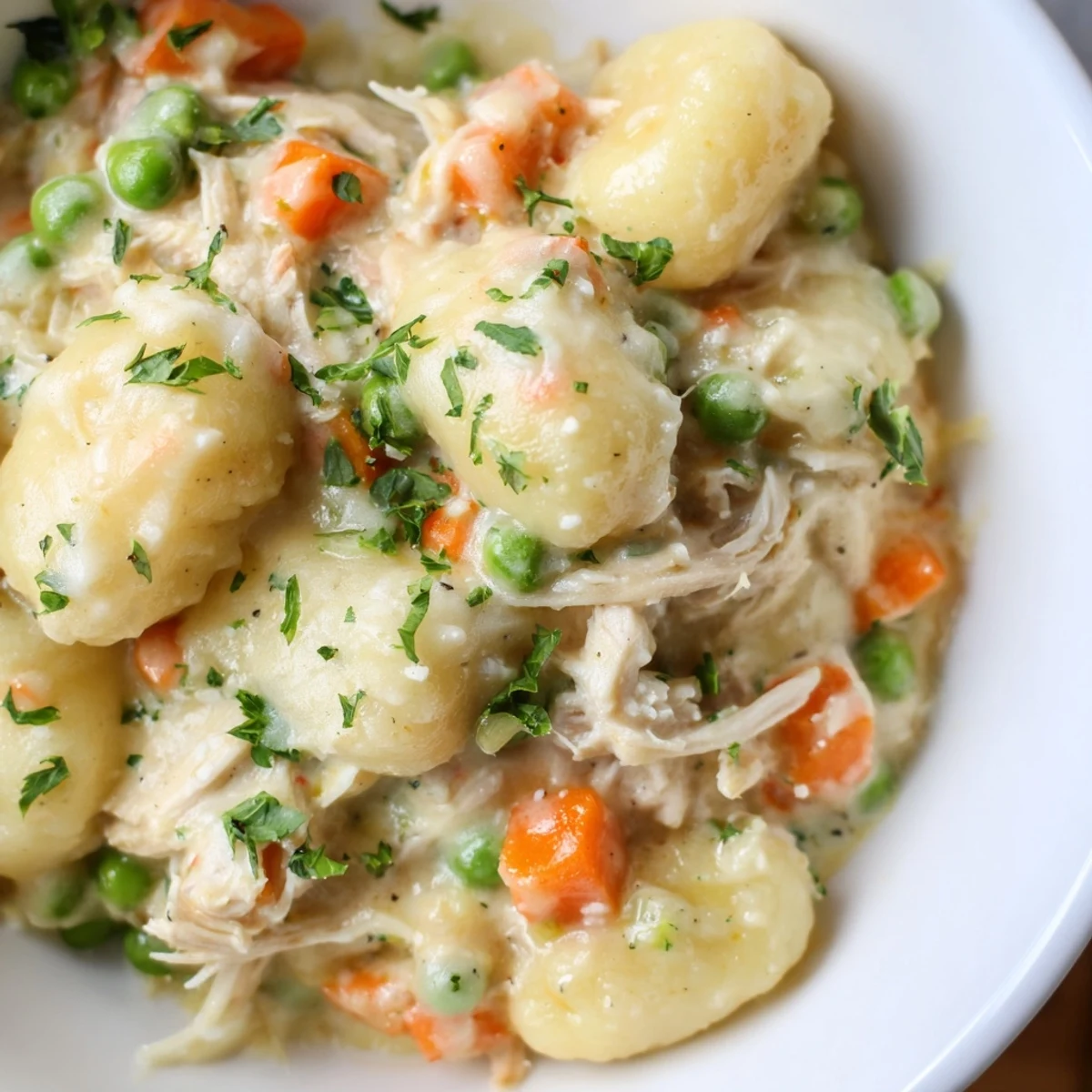 One pot gnocchi chicken pot pie topped with fresh parsley and parmesan cheese