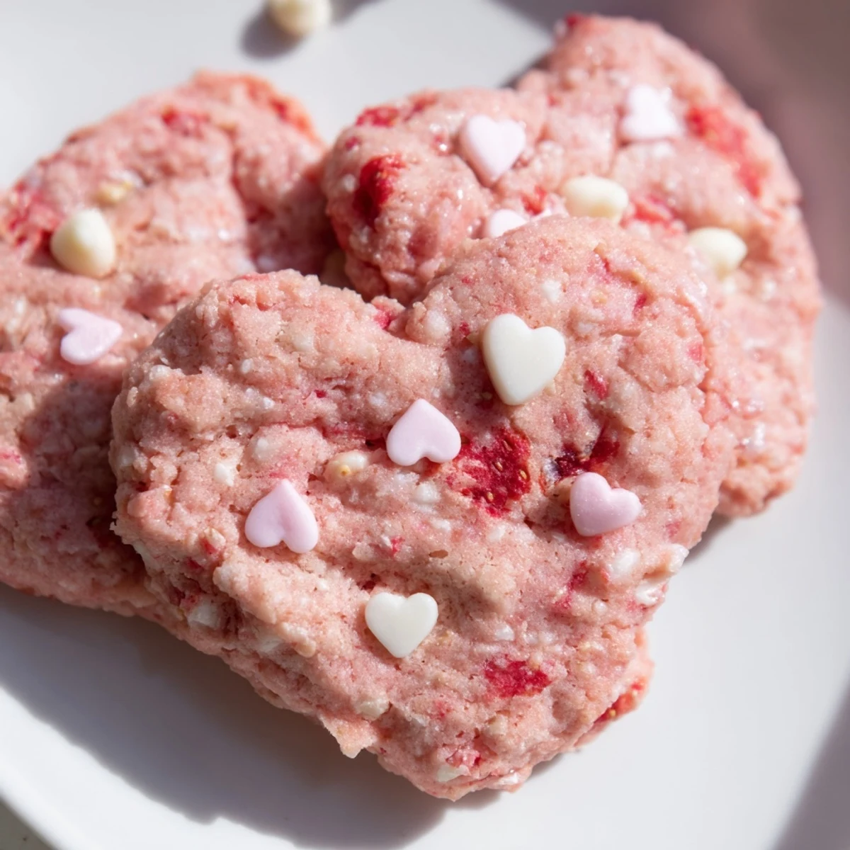 Soft pink Valentine strawberry cookies with white chocolate chips on a rustic baking sheet