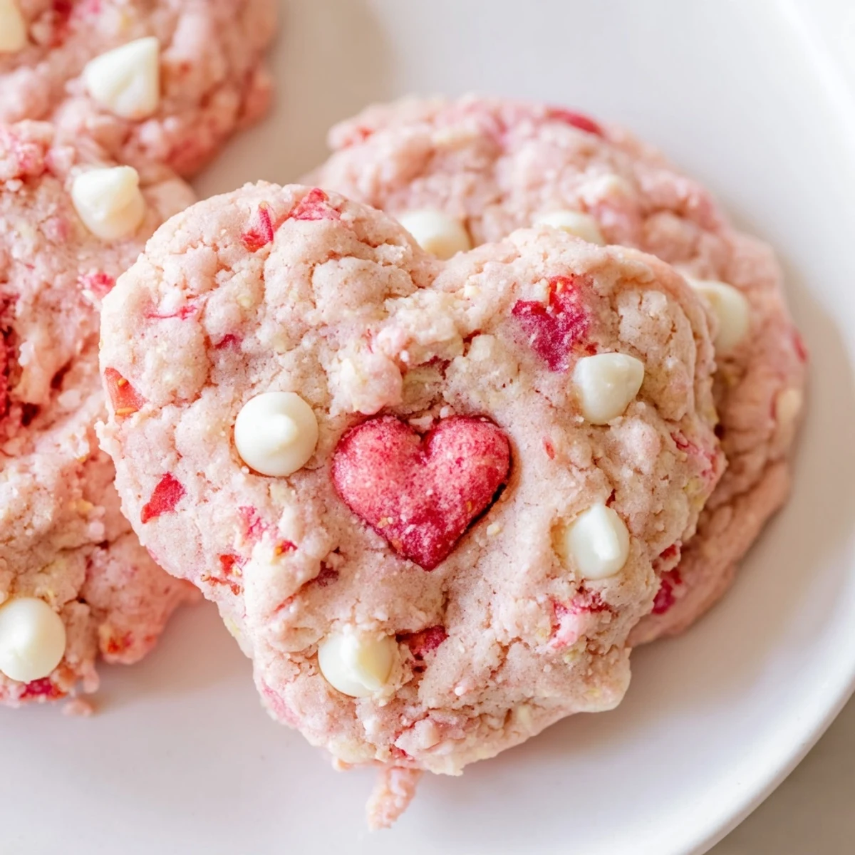 Chewy Valentine strawberry cookies topped with heart sprinkles arranged on a white serving plate