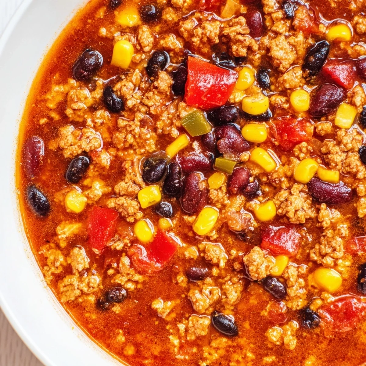 Steaming bowl of Crockpot Ground Beef Taco Soup topped with melted shredded cheese and fresh cilantro