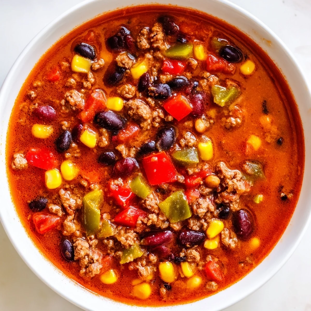 Hearty Crockpot Ground Beef Taco Soup loaded with tender beans, sweet corn, and rich tomato broth