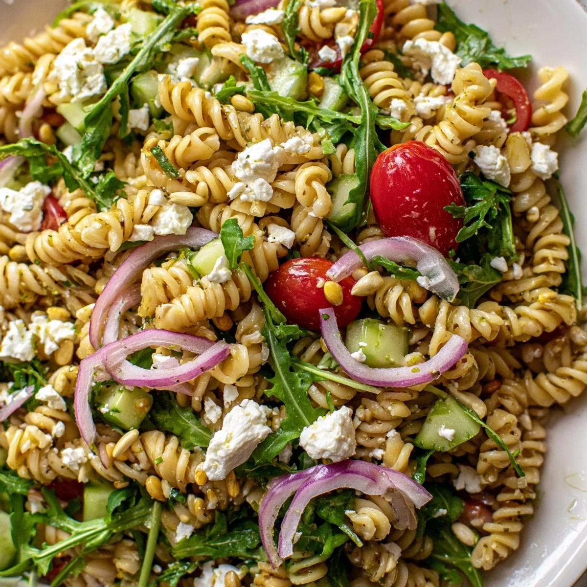 Bright lemon arugula pasta salad tossed with cherry tomatoes and crumbled feta cheese