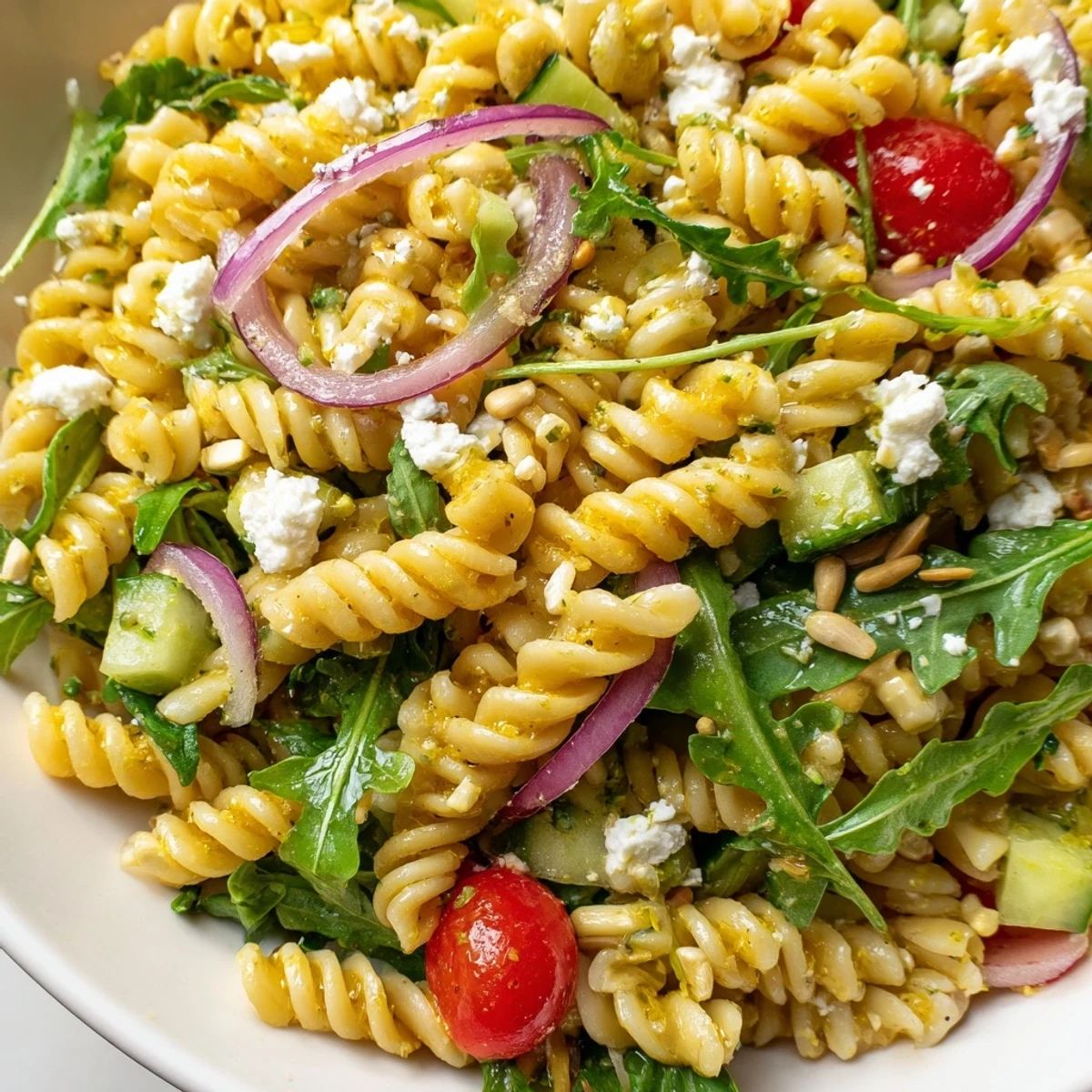 Zesty lemon arugula pasta salad served in a bowl with fresh vegetables