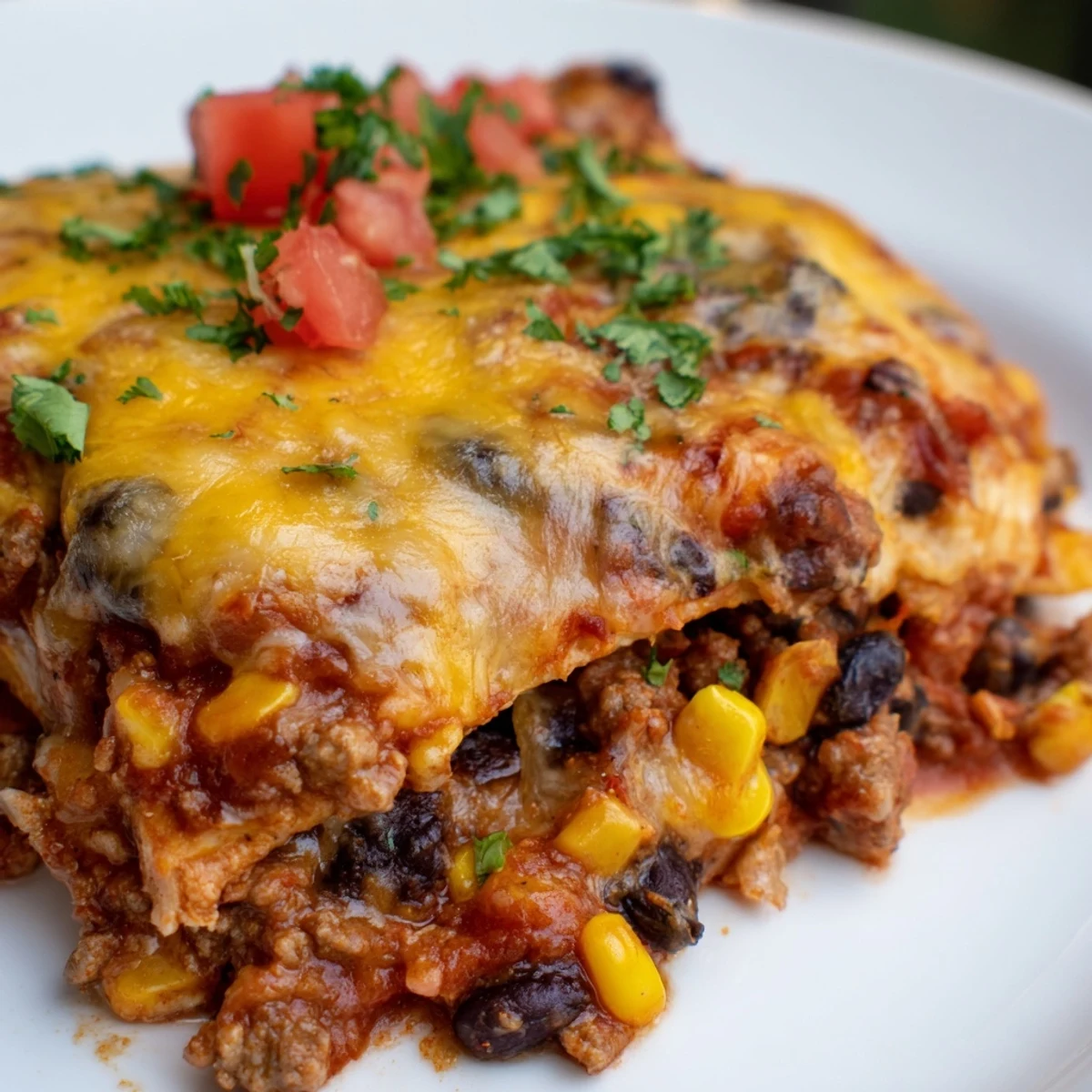 Baked Beef Enchilada Casserole with bubbling melted cheese and vibrant red enchilada sauce