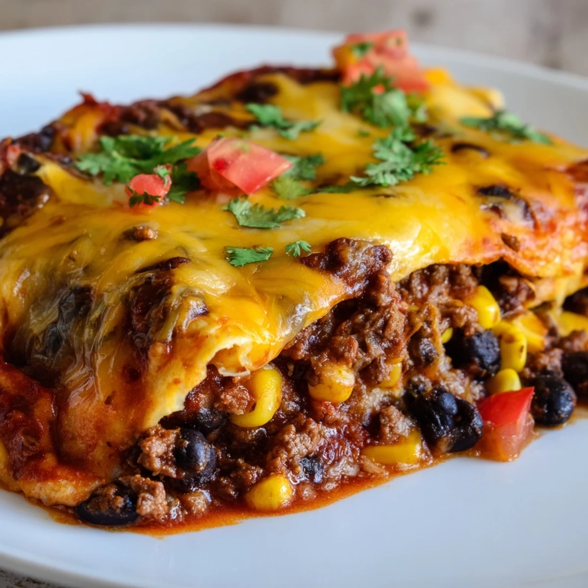 Golden cheesy Baked Beef Enchilada Casserole fresh from the oven in a glass baking dish