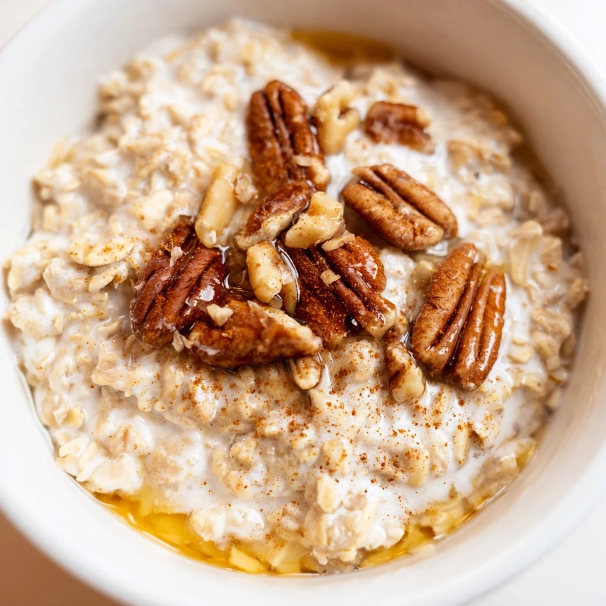 Creamy maple cinnamon pecan overnight oats served in a mason jar with chopped pecans on top
