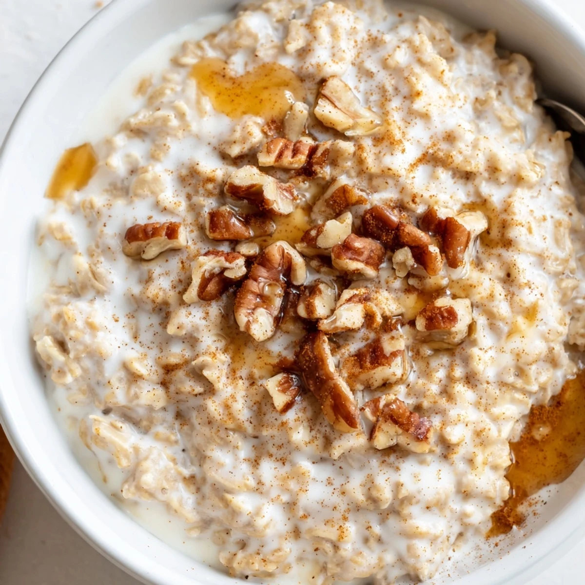 Maple cinnamon pecan overnight oats topped with crunchy nuts and a drizzle of sweet maple syrup