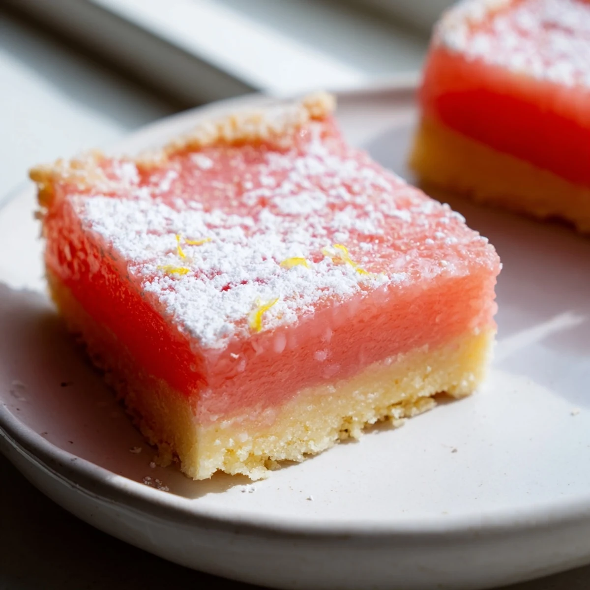 Creamy grapefruit bars with a buttery shortbread crust, dusted with powdered sugar on a rustic cutting board.