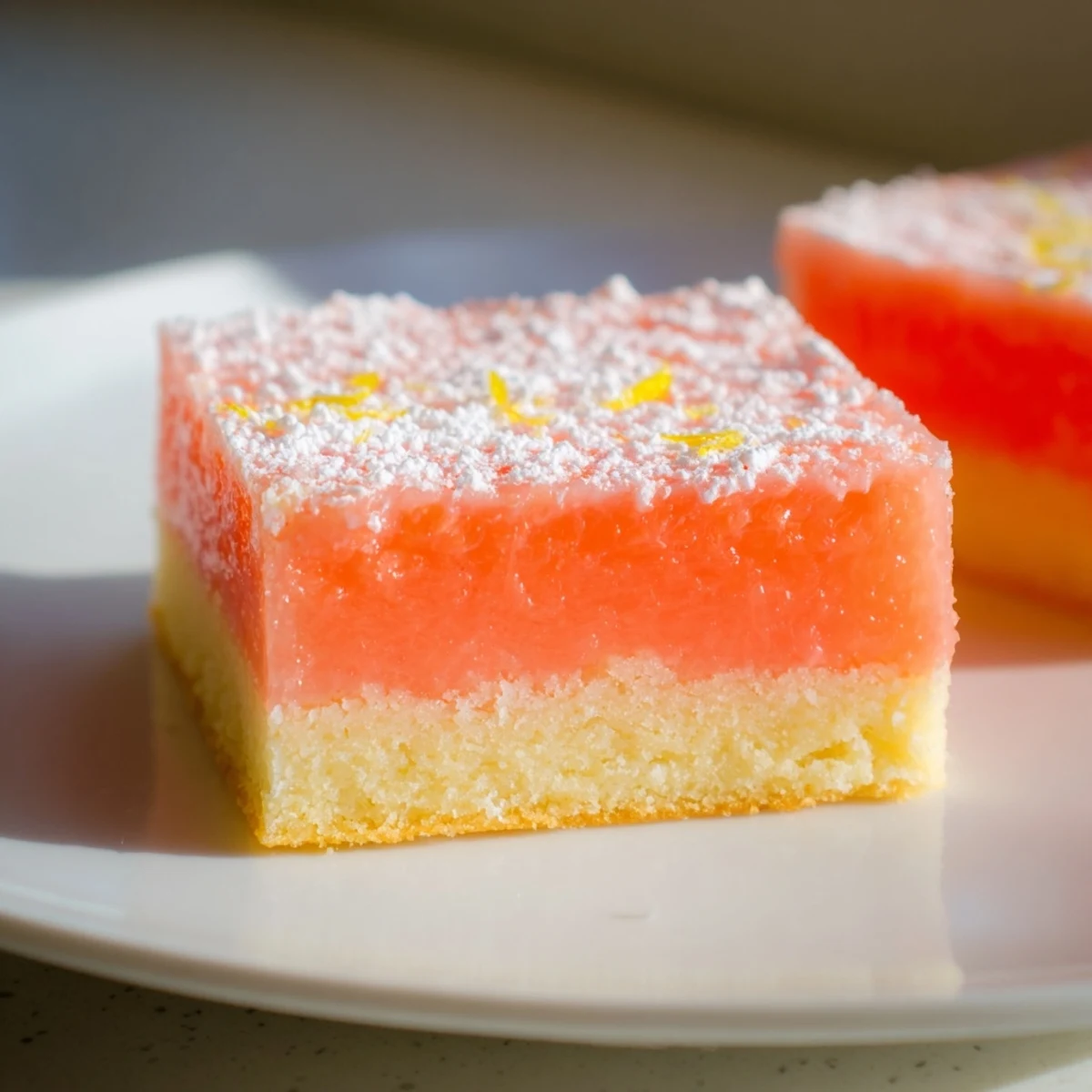 Bright tangy grapefruit bars sliced into golden squares topped with a generous powdered sugar coating.