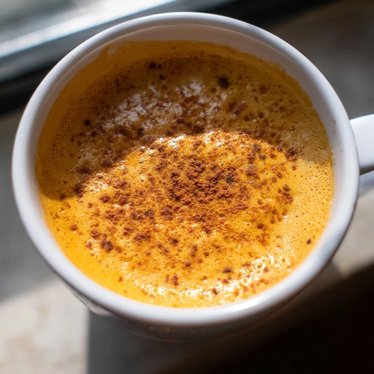 Creamy Goguma Latte in a warm mug topped with a dusting of cinnamon