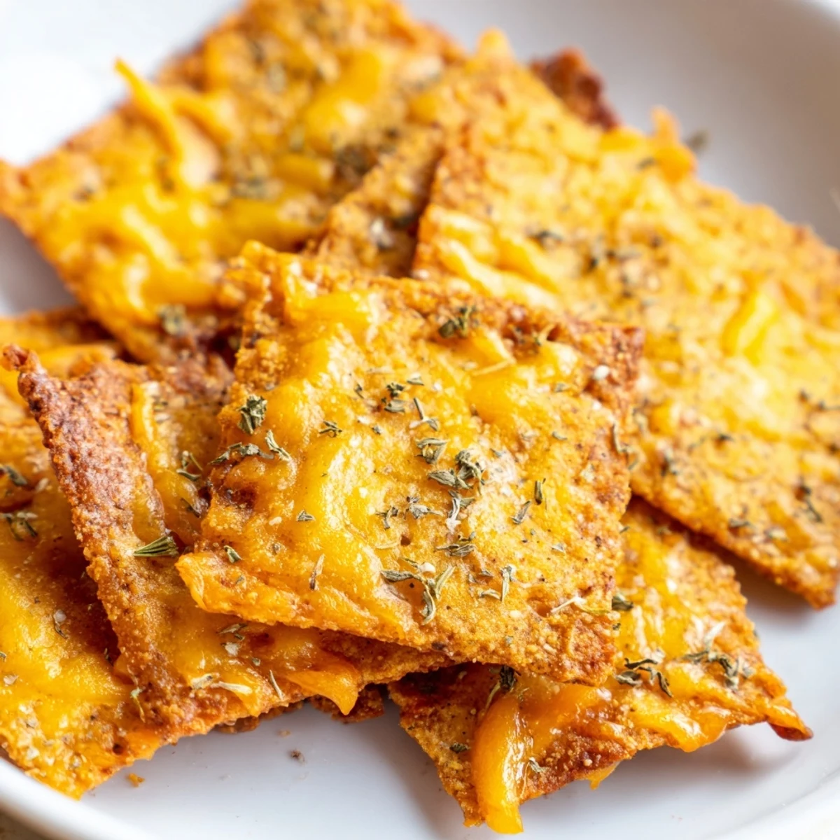 Golden crispy taco crackers topped with melted cheddar and fragrant oregano on parchment