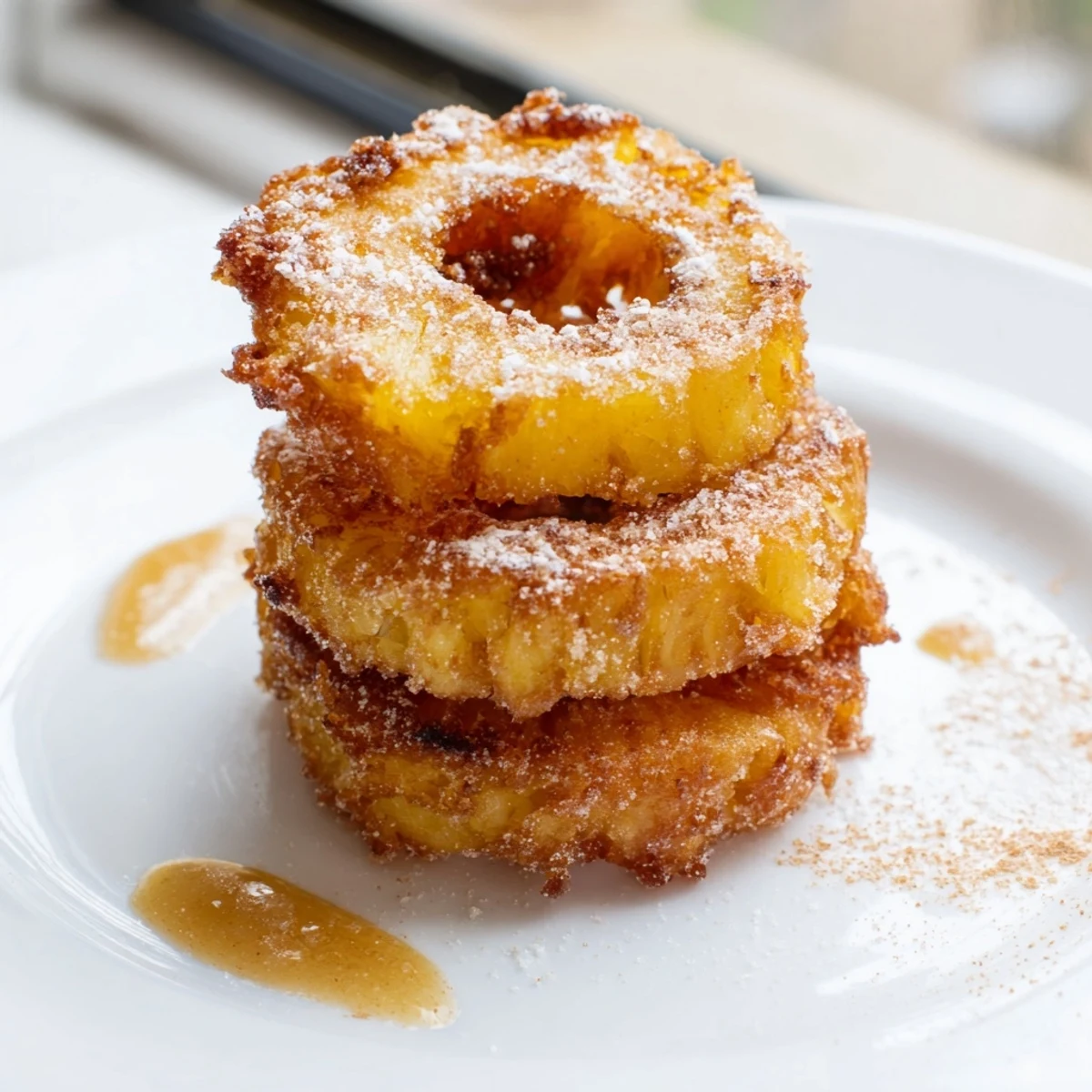 Crispy golden fried pineapple rings dusted with powdered sugar on a rustic plate