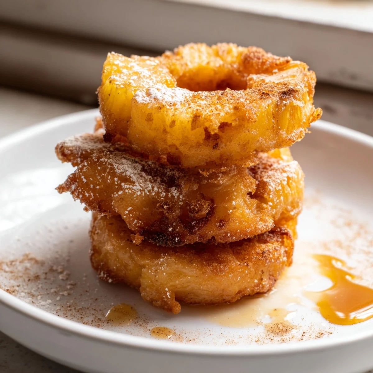 Fried pineapple rings drizzled with caramel sauce beside a scoop of vanilla ice cream