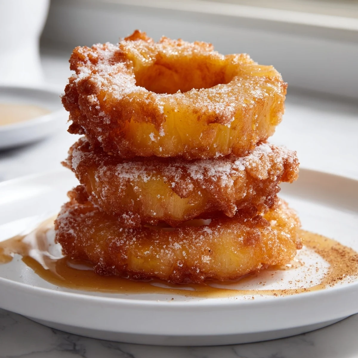 Close-up of battered fried pineapple rings with a crunchy golden crust and warm caramelized center