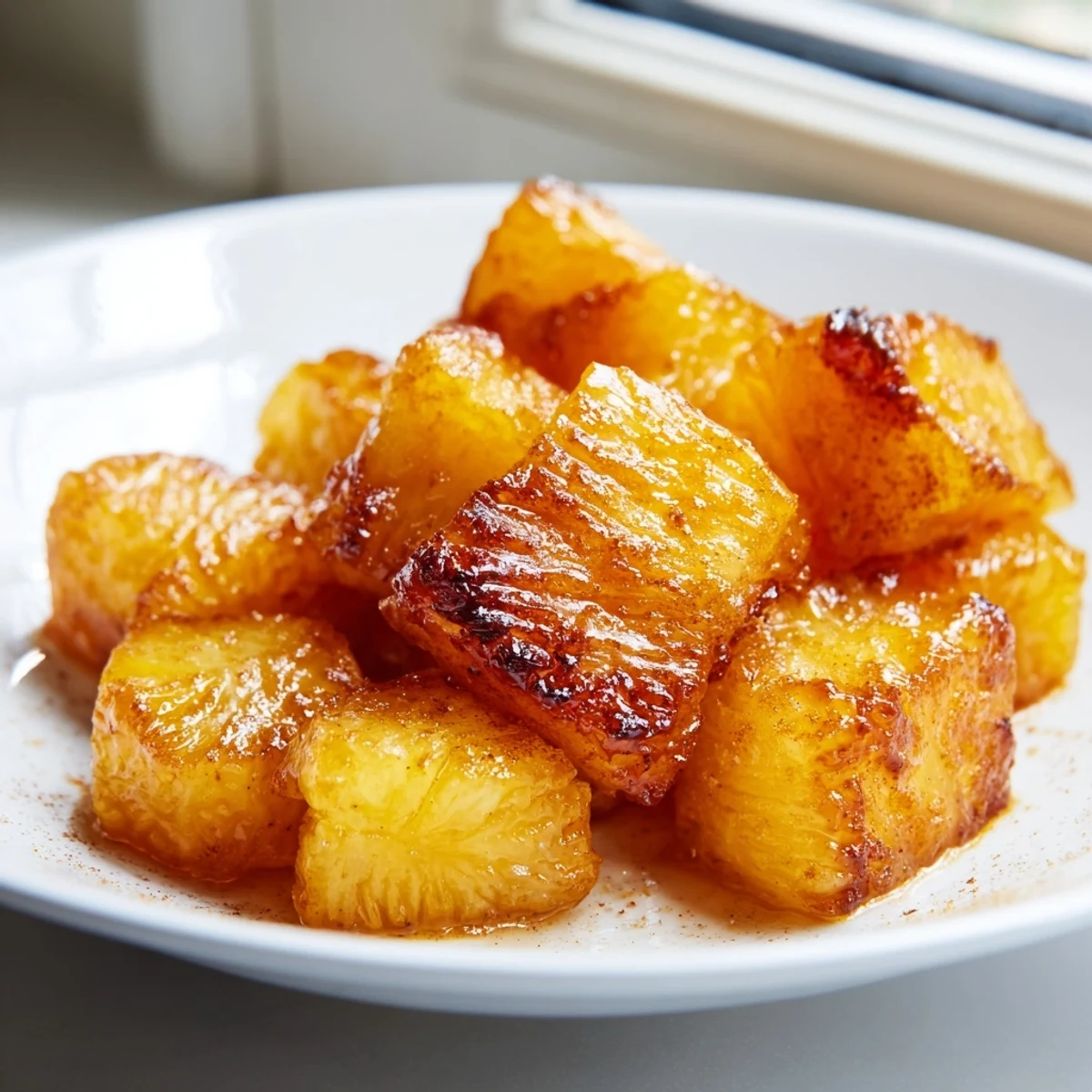 Golden caramelized air fryer pineapple chunks with crispy edges served warm in a bowl