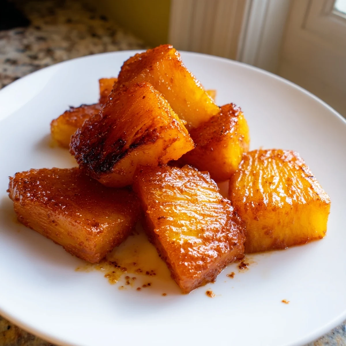 Cinnamon-dusted air fryer pineapple chunks glistening with brown sugar on a rustic plate