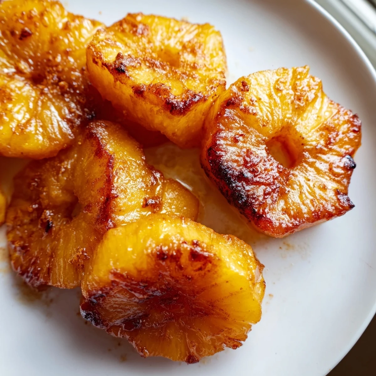 Juicy air fryer pineapple chunks with charred edges piled over creamy vanilla yogurt
