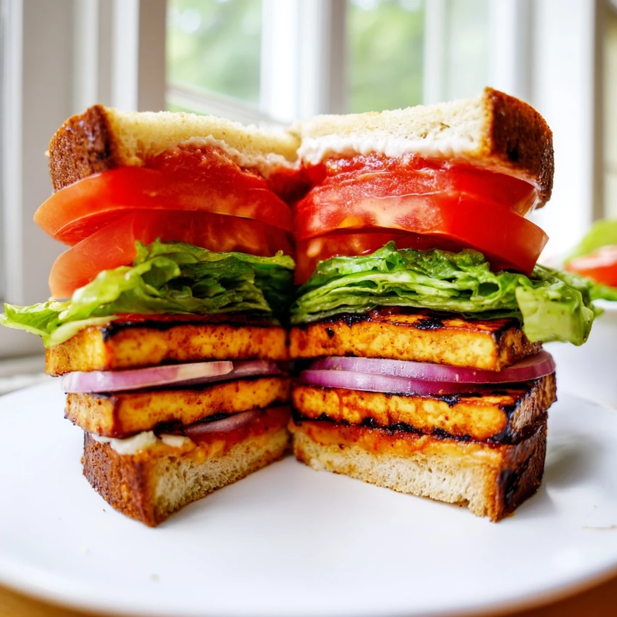 Golden smoky TLT sandwich stacked with crisp lettuce and ripe tomato slices on toasted sourdough bread