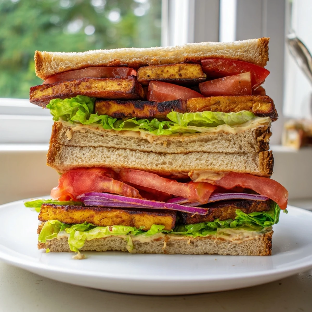 Crispy smoked tofu layered with fresh lettuce and juicy tomatoes in a rustic summer TLT sandwich