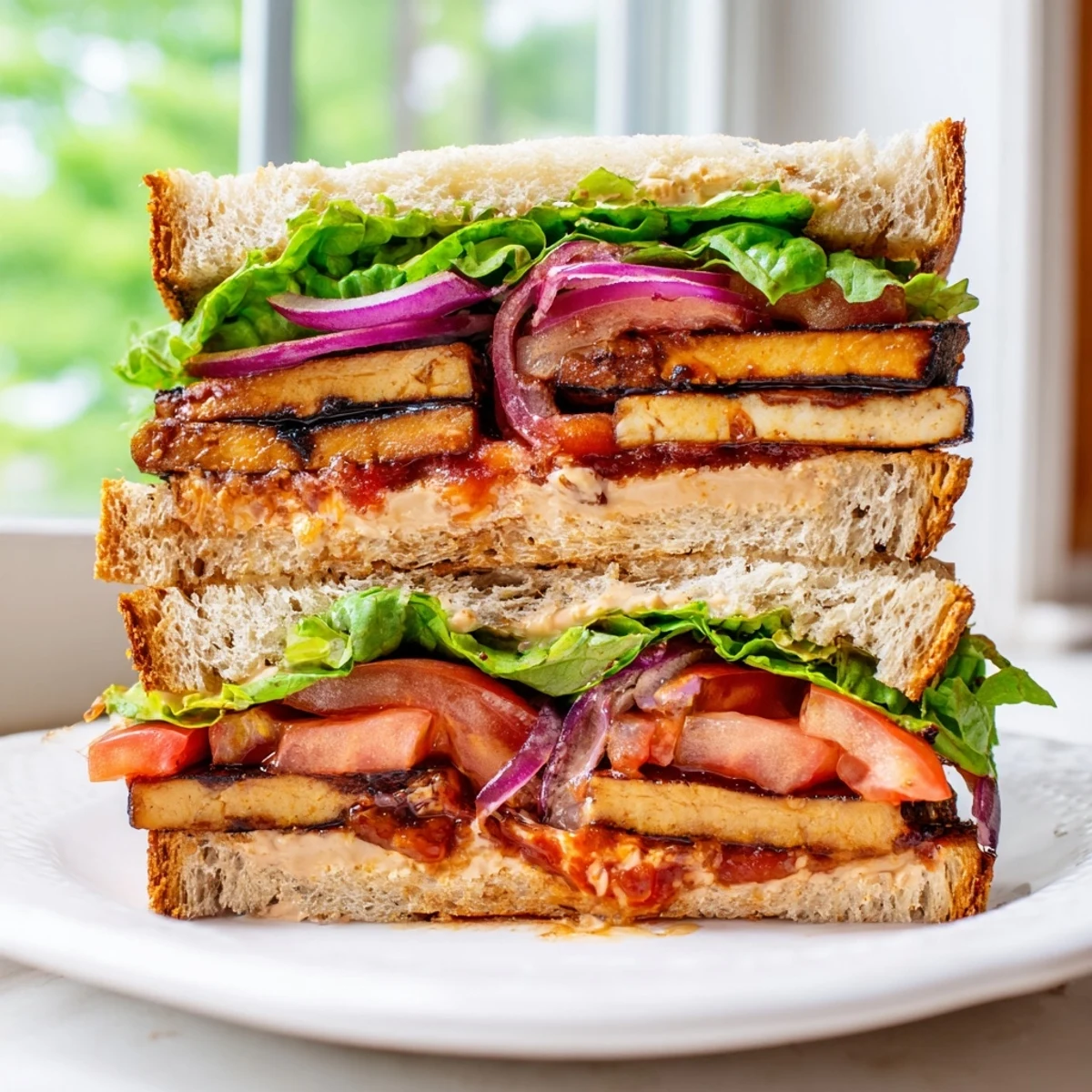 Charred smoky tofu nestled between crunchy lettuce and thick tomato slices on hearty whole grain bread