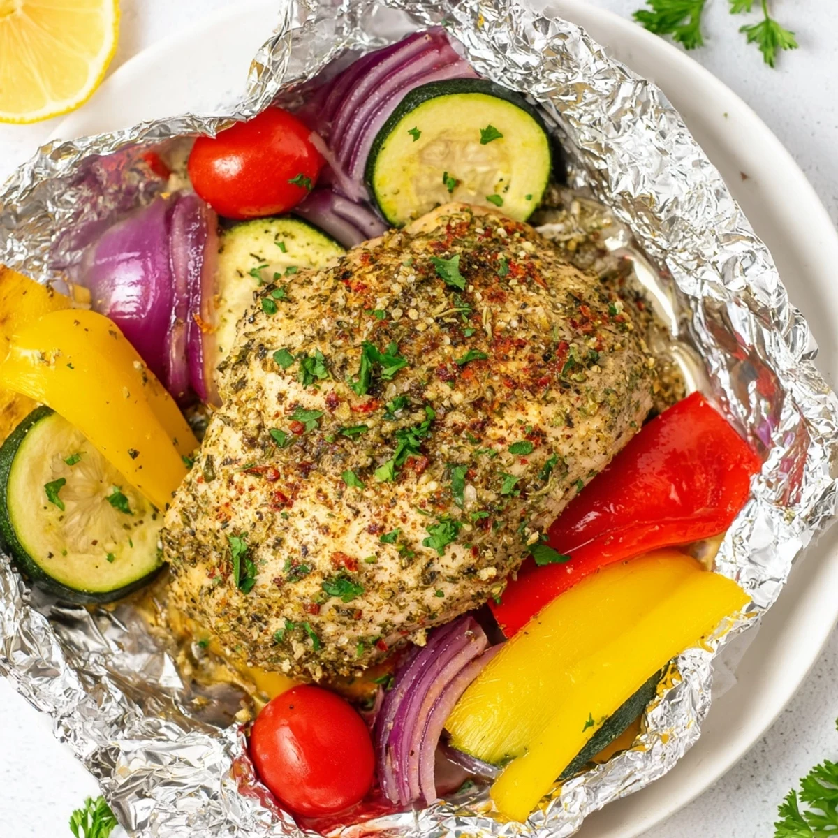 Juicy chicken foil packets recipe steaming with colorful bell peppers and zucchini