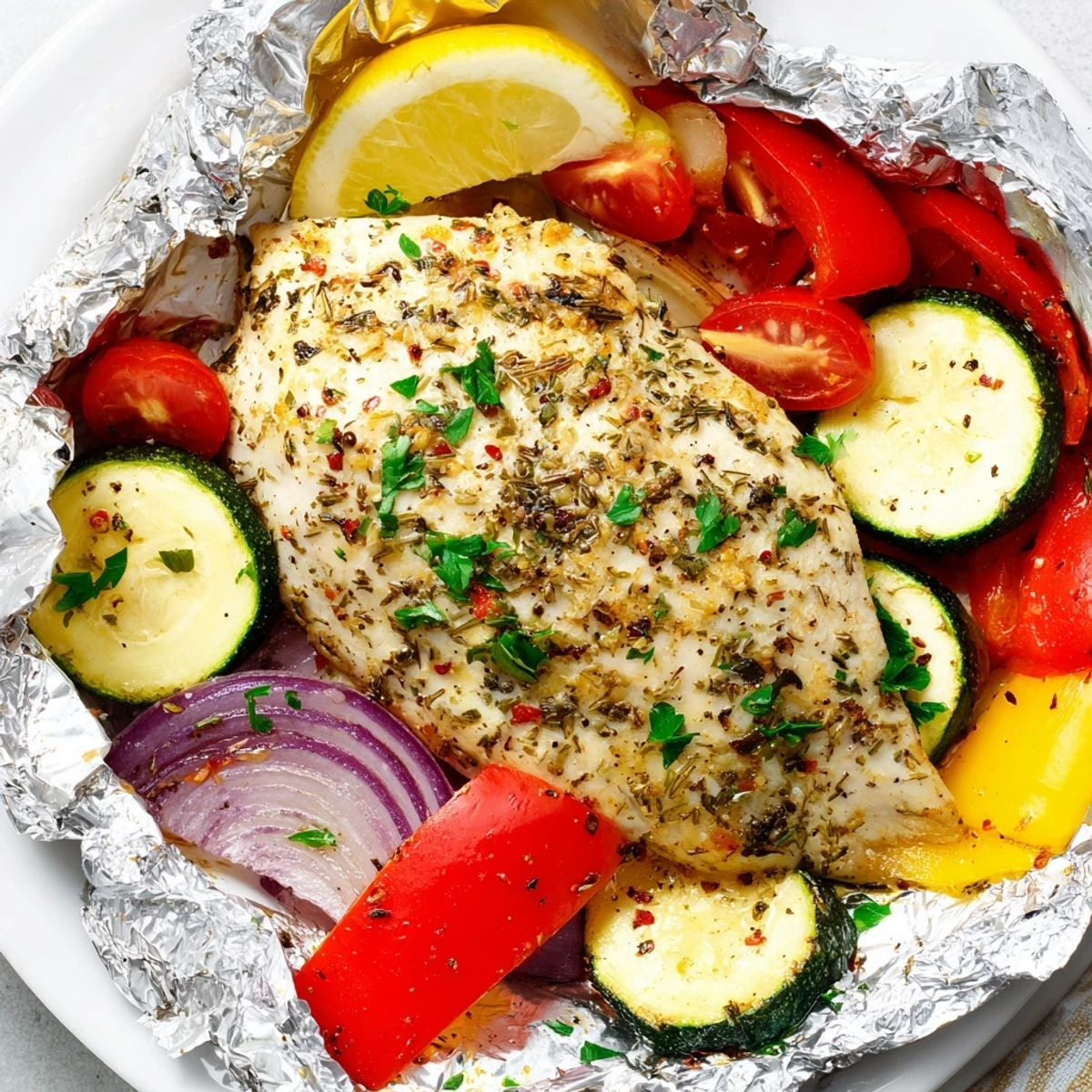 Open chicken foil packets recipe revealing tender herbs and roasted cherry tomatoes