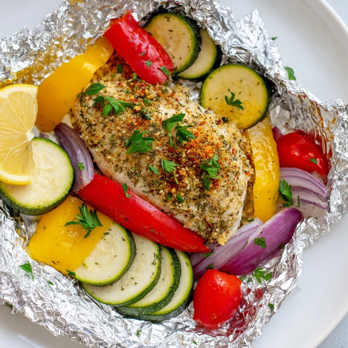 Golden chicken foil packets recipe garnished with fresh parsley and lemon wedges