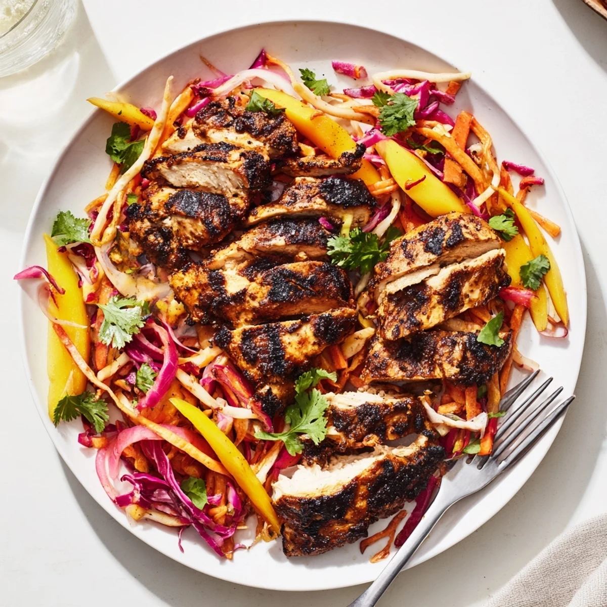 Charred spicy jerk chicken sliced over a vibrant mango slaw with cilantro.