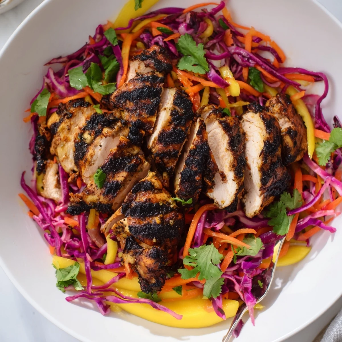 Grilled jerk chicken thighs plated on crisp red cabbage and sweet mango.